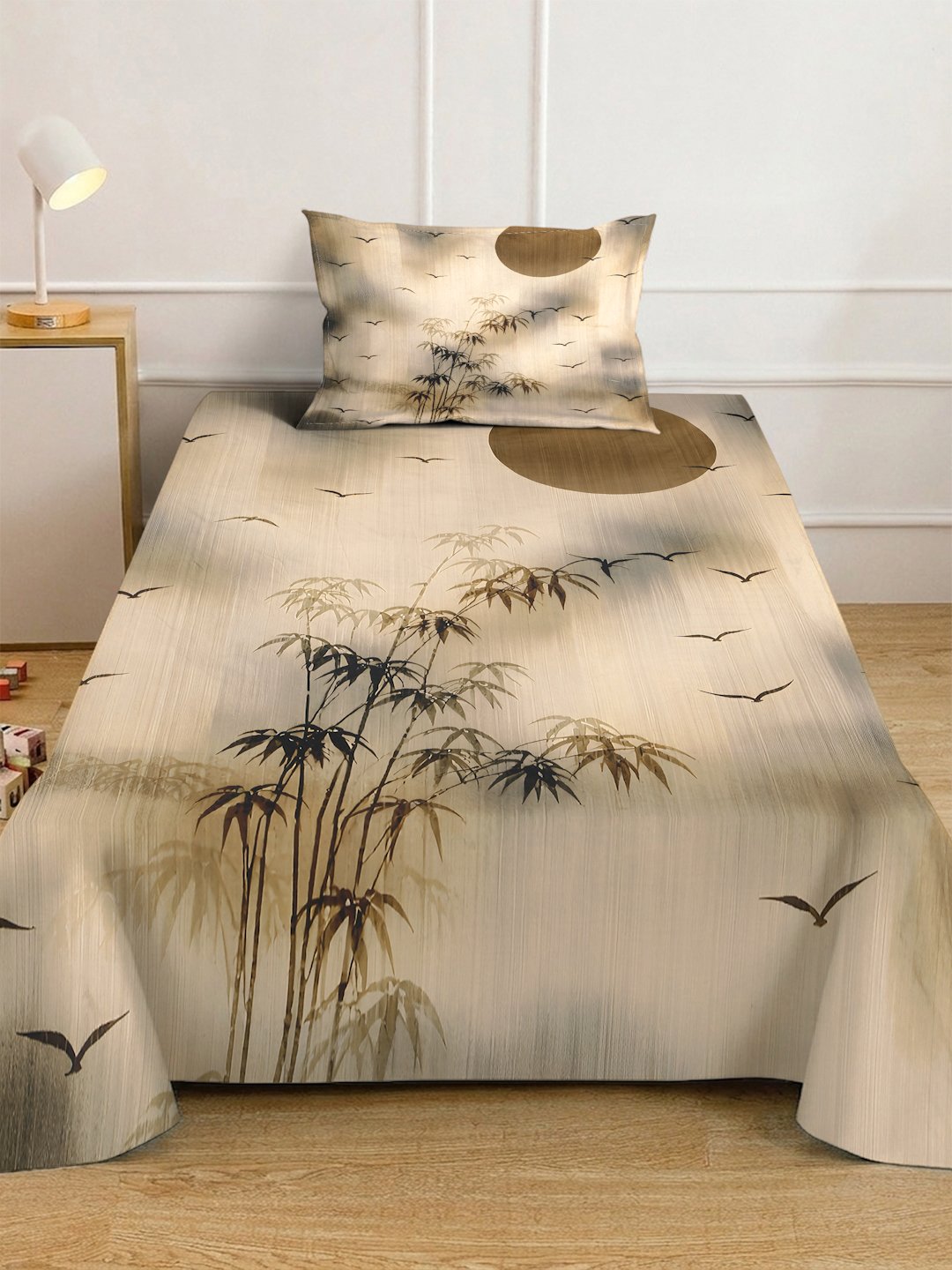Beige Digital Floral Printed Cotton Blend Fitted Single Bedsheet with Pillow Cover