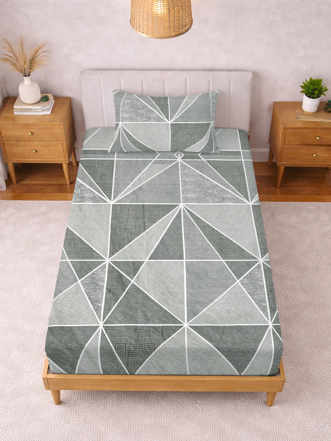 Grey Geometric Cotton Blend Fitted Single Bedsheet with Pillow Cover