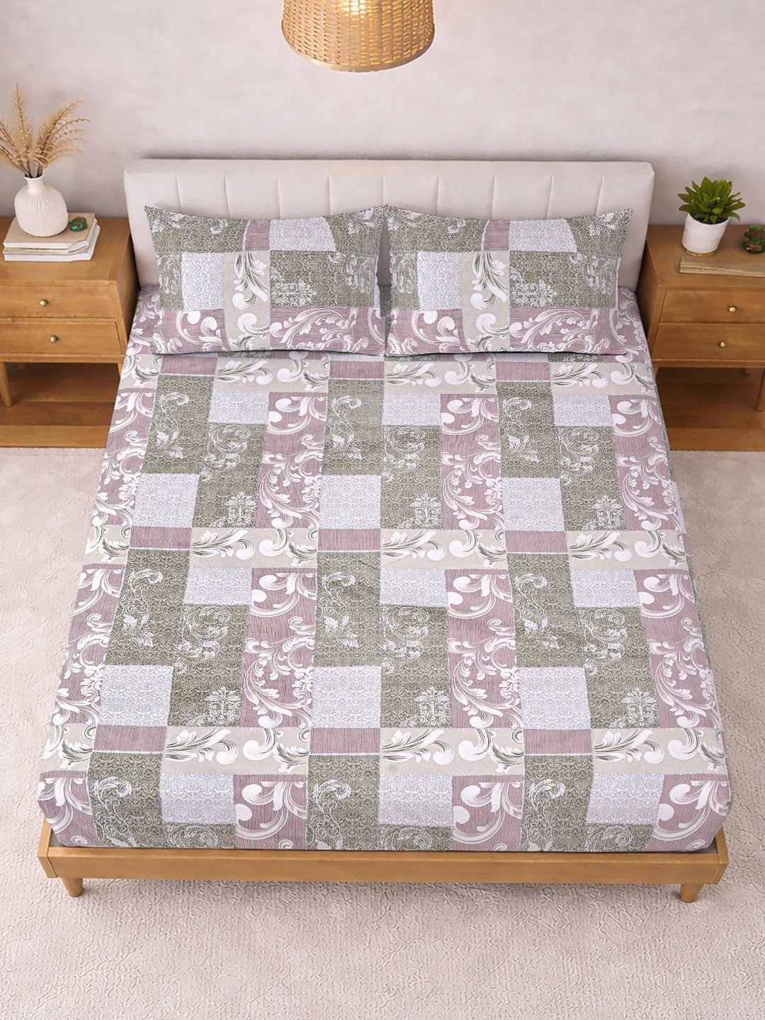 Multi Floral Cotton Blend Fitted Double Bedsheet with 2 Pillow Covers
