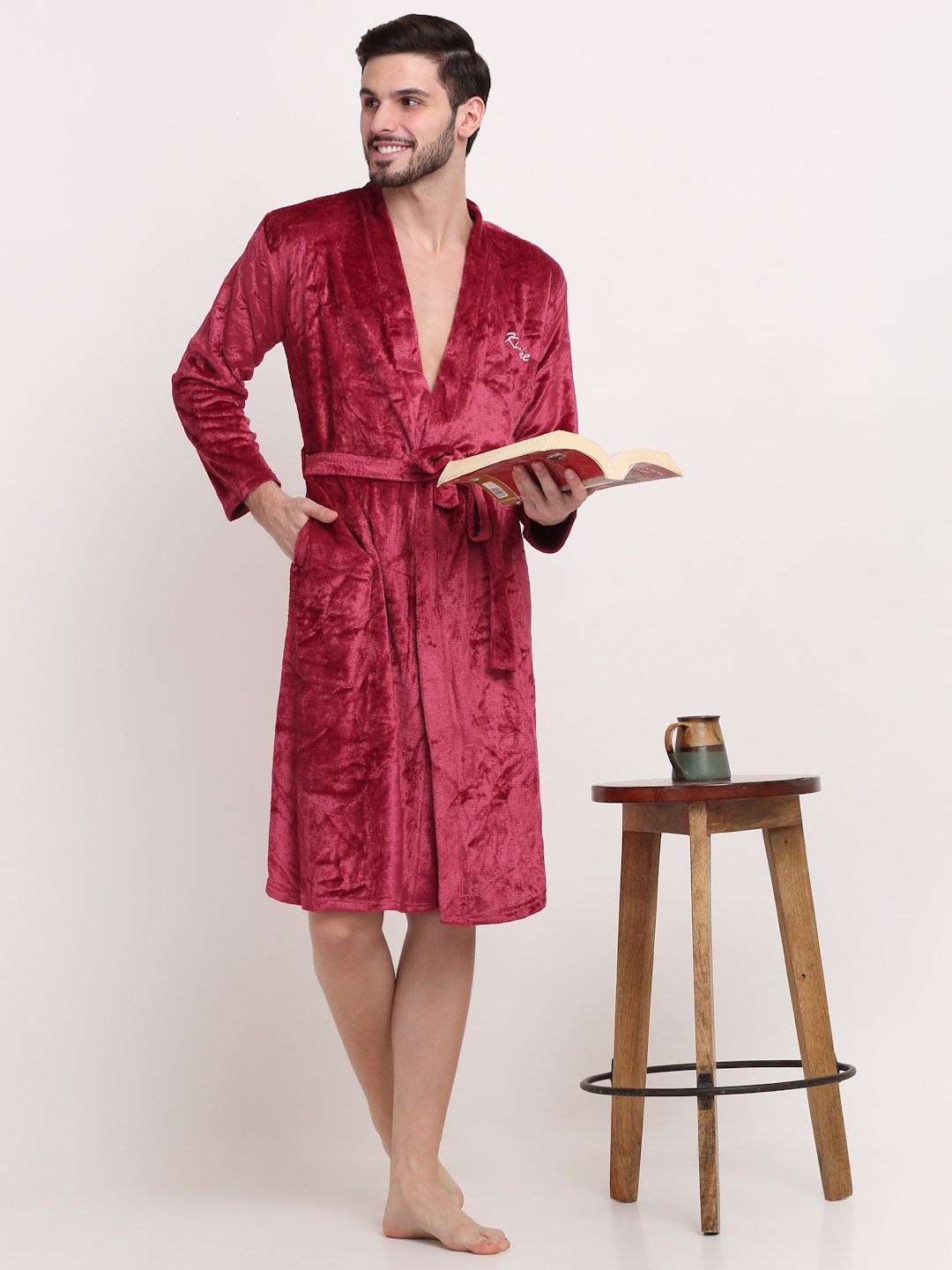 Men Red Solid Wool Bath Robe With Belt
