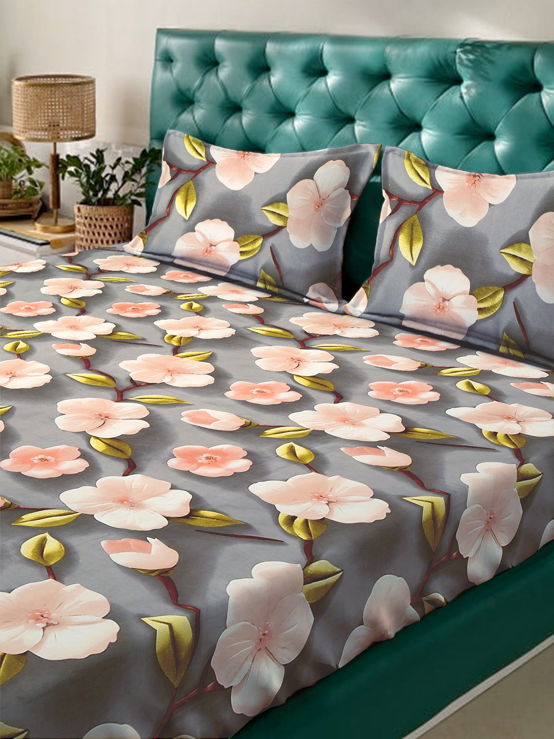 Grey Floral 7D King Size Cotton Blend Fitted Double Bedsheet with 2 Pillow Covers