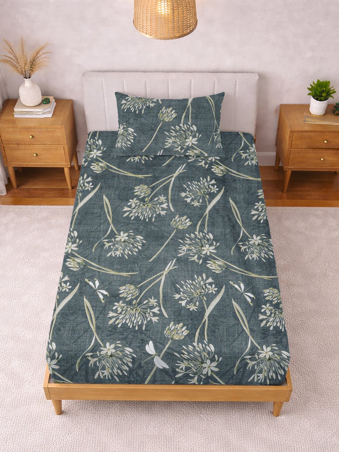 Green Floral Cotton Blend Single Bedsheet with Pillow Cover