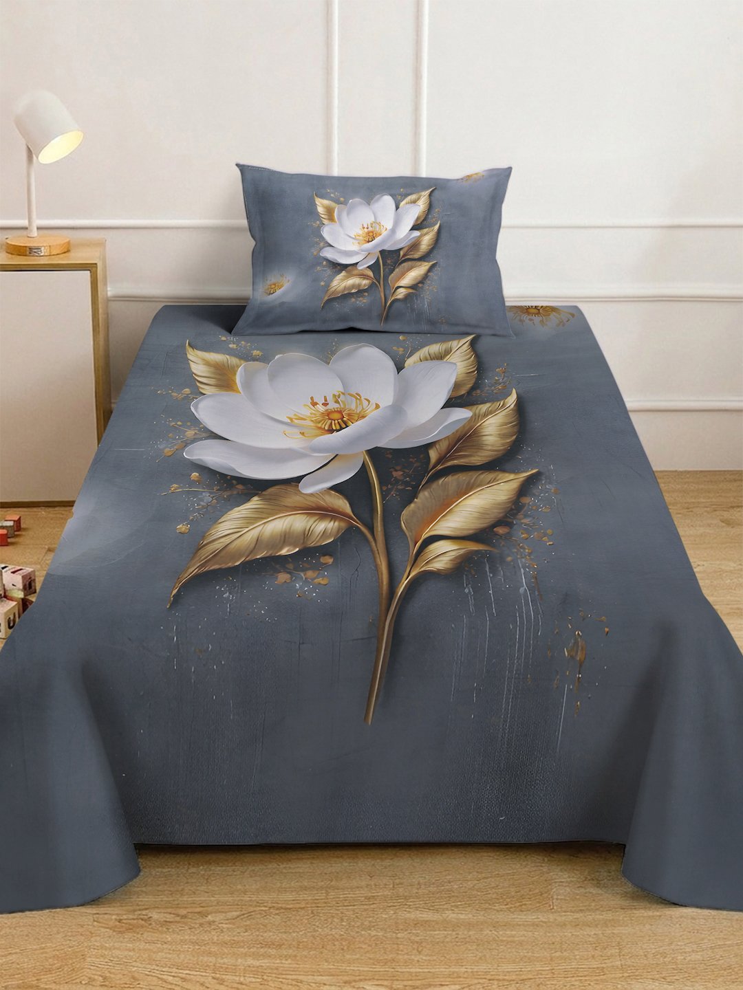 Grey Digital Floral Printed Cotton Blend Fitted Single Bedsheet with Pillow Cover