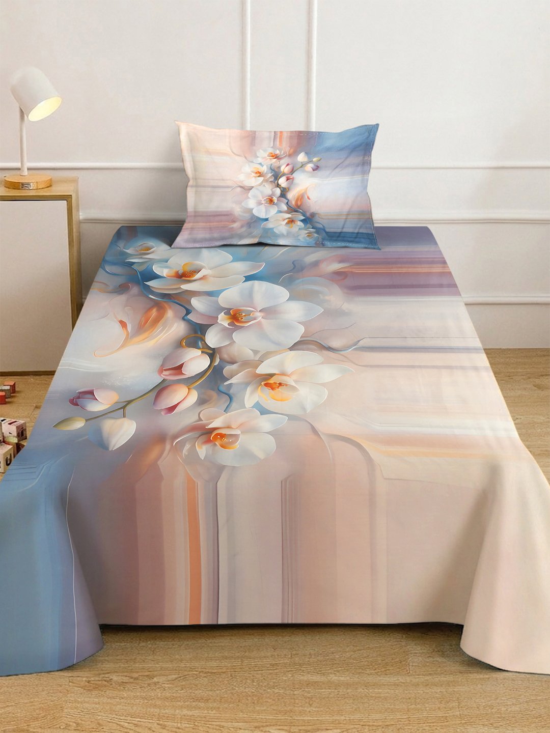 Multi Digital Floral Printed Cotton Blend Fitted Single Bedsheet with Pillow Cover