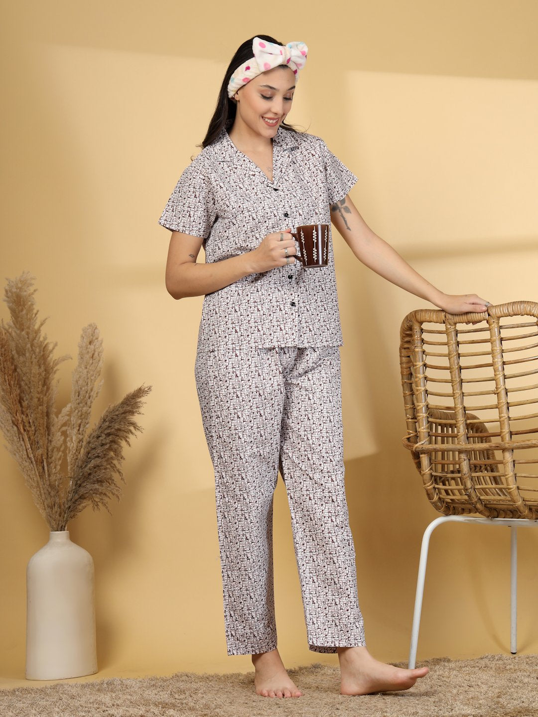Women Maroon Abstract Pure Cotton Night Suit