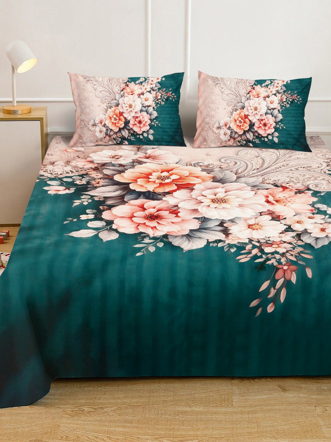 Green Digital Floral Printed Cotton Blend Fitted Double Bedsheet with 2 Pillow Covers