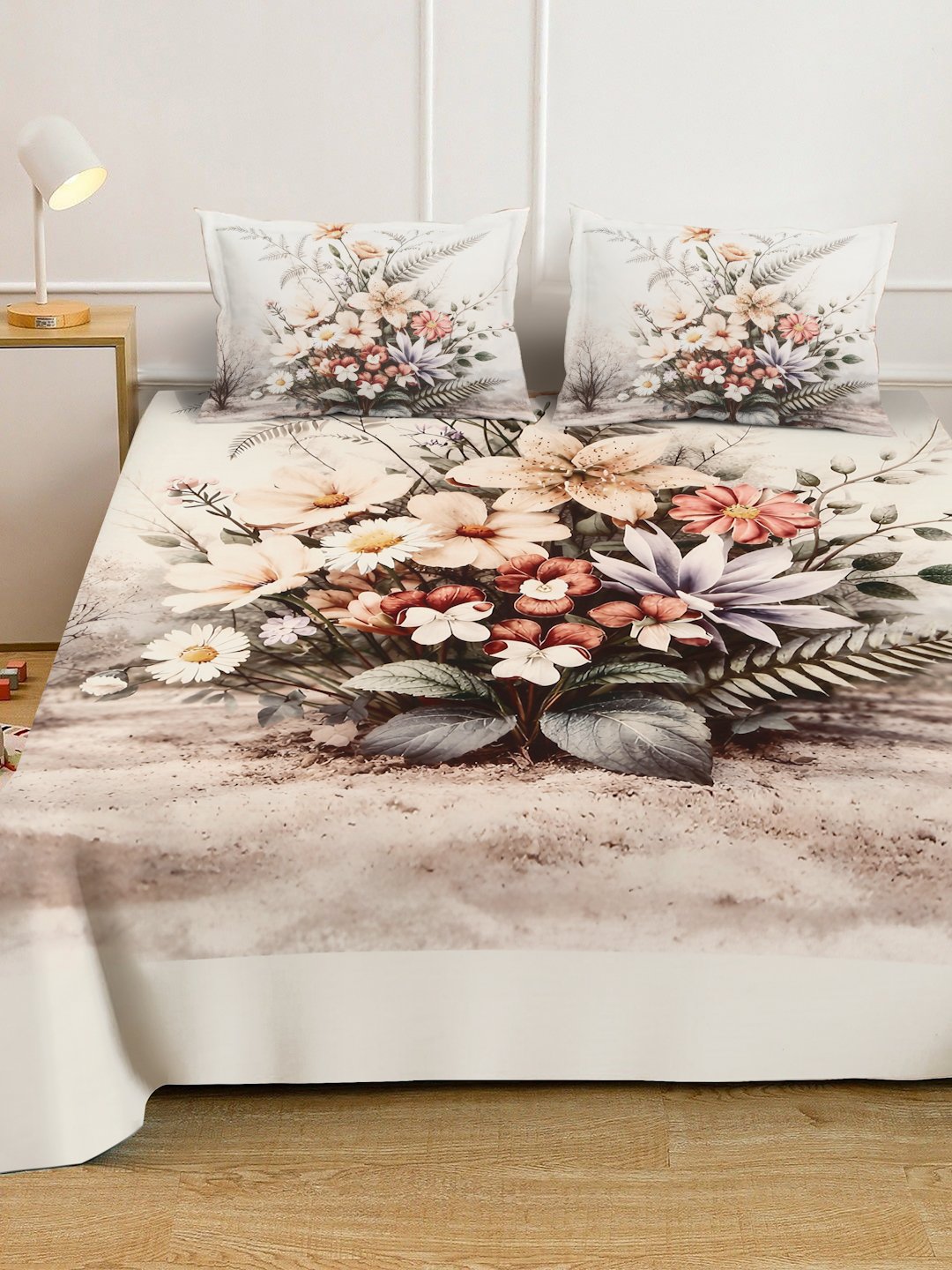 Multi Digital Floral Printed Cotton Blend Fitted Double Bedsheet with 2 Pillow Covers