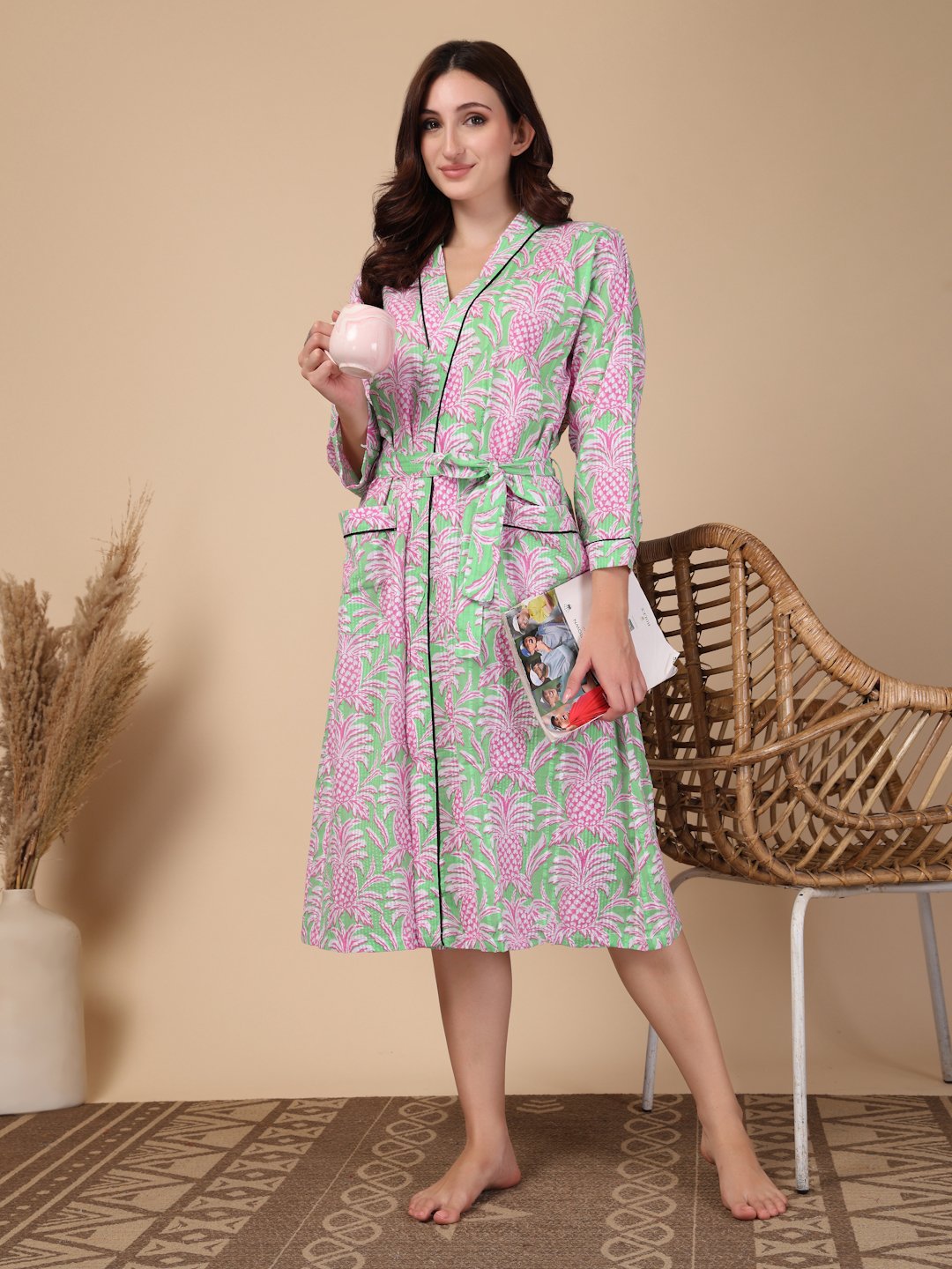 Women Printed Green Floral Pure Cotton Bath Robe With Belt