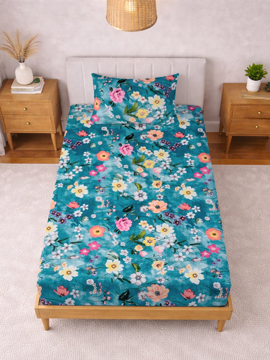 Blue Floral Cotton Blend Single Bedsheet with Pillow Cover