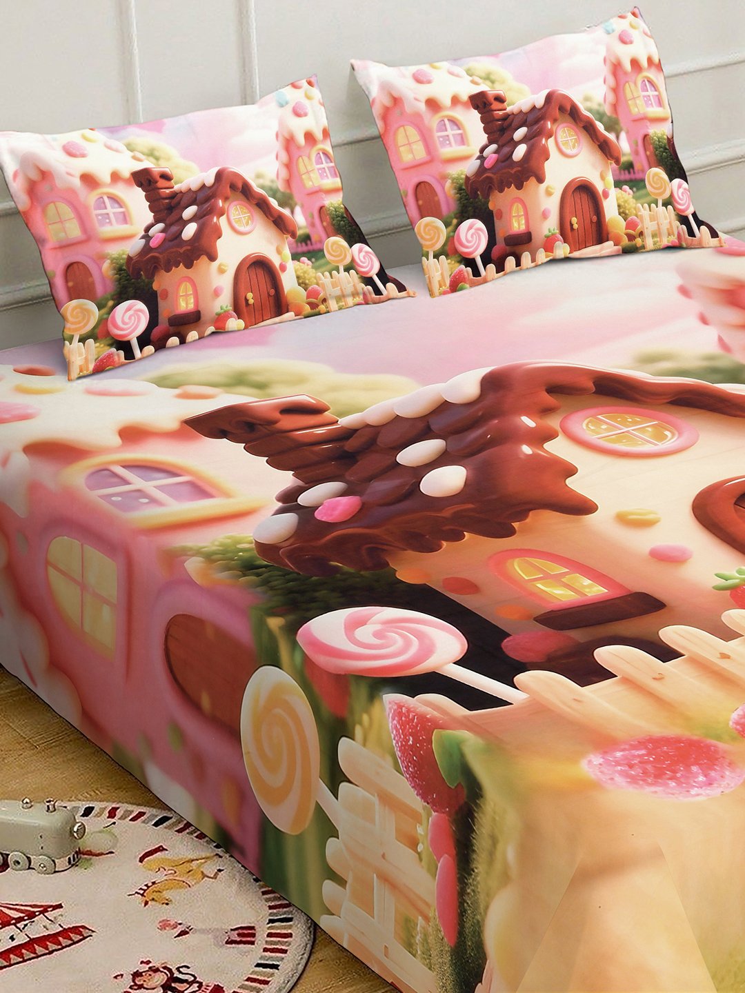 Multi 7D Cartoon Characters Printed Fitted Cotton Blend Double Bedsheet with 2 Pillow Covers