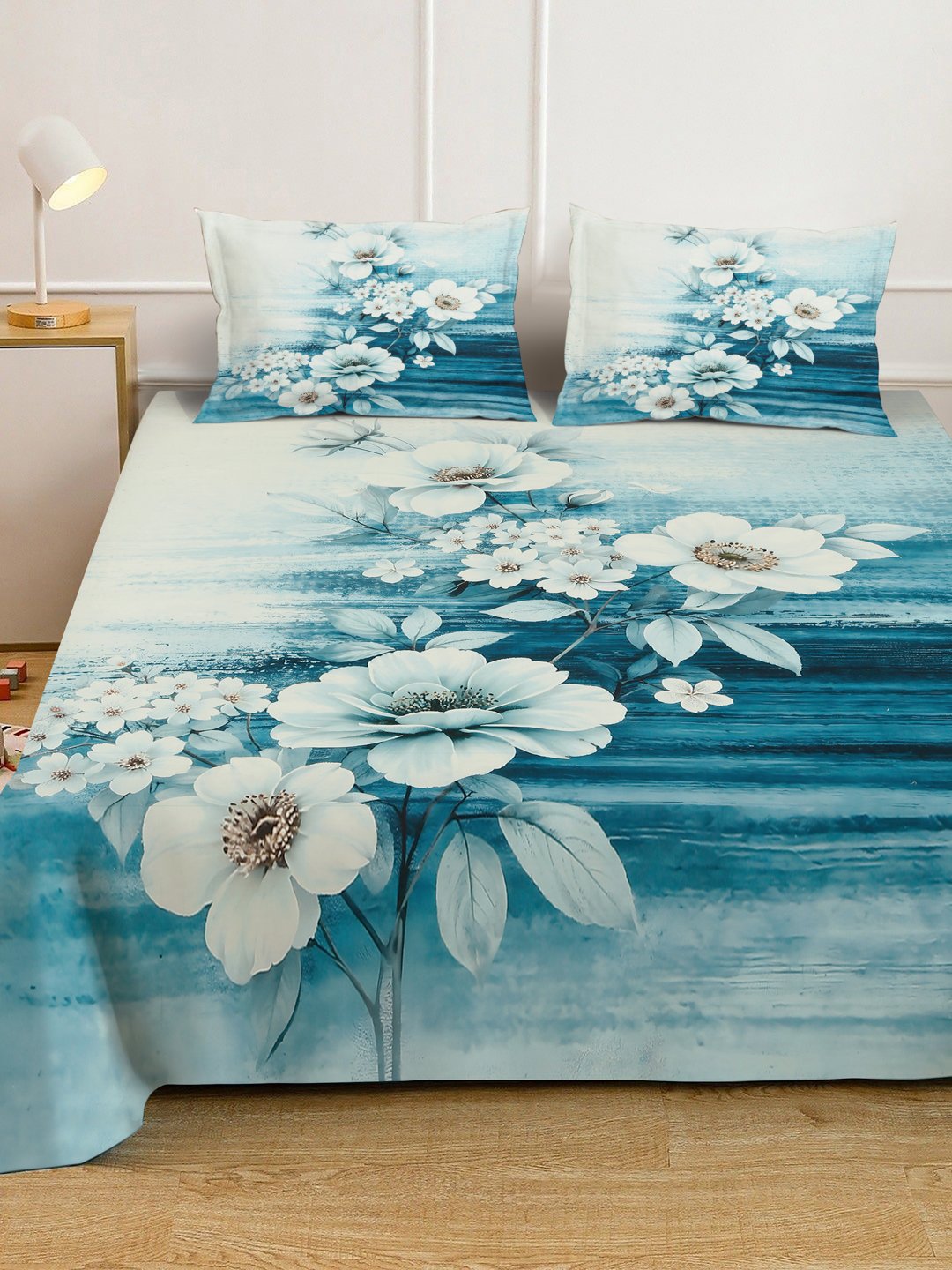 Blue Digital Floral Printed Cotton Blend Fitted Double Bedsheet with 2 Pillow Covers