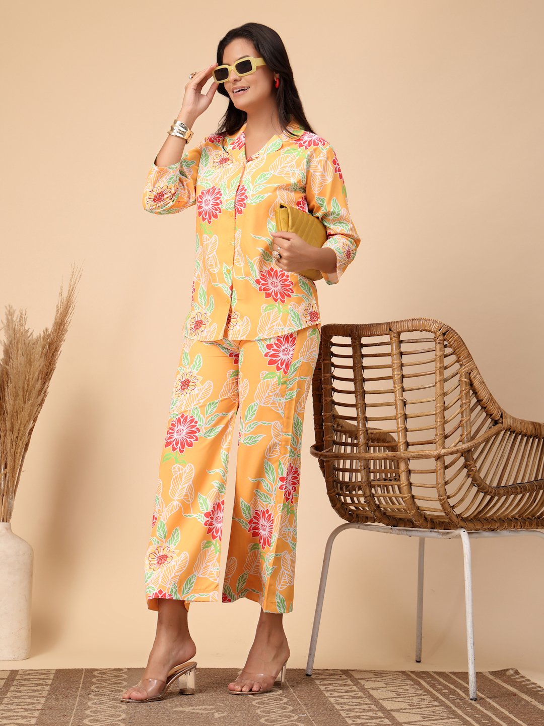 Yellow Cotton Printed Shirt With Trousers Co-Ords Set