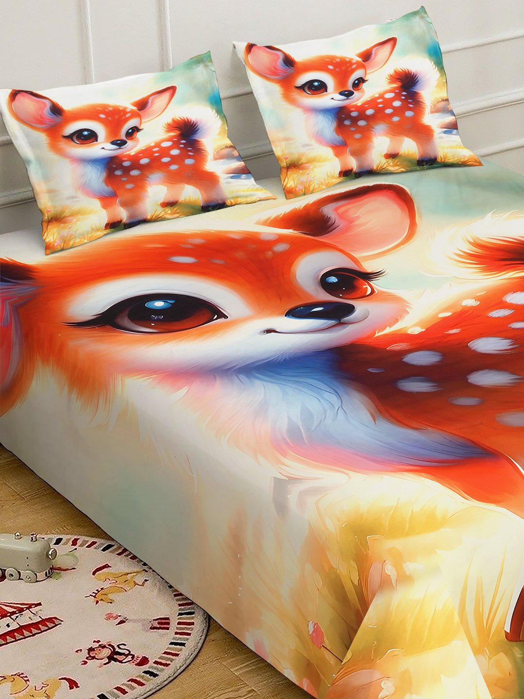 Orange 7D Animal Printed Fitted Cotton Blend Double Bedsheet with 2 Pillow Covers