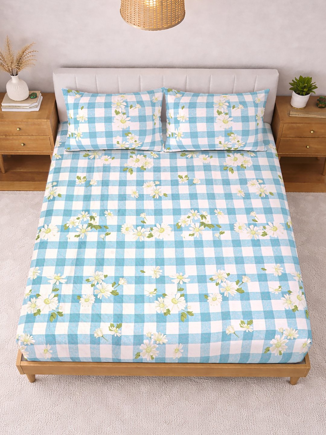 Blue Floral Cotton Blend Fitted Double Bedsheet with 2 Pillow Covers