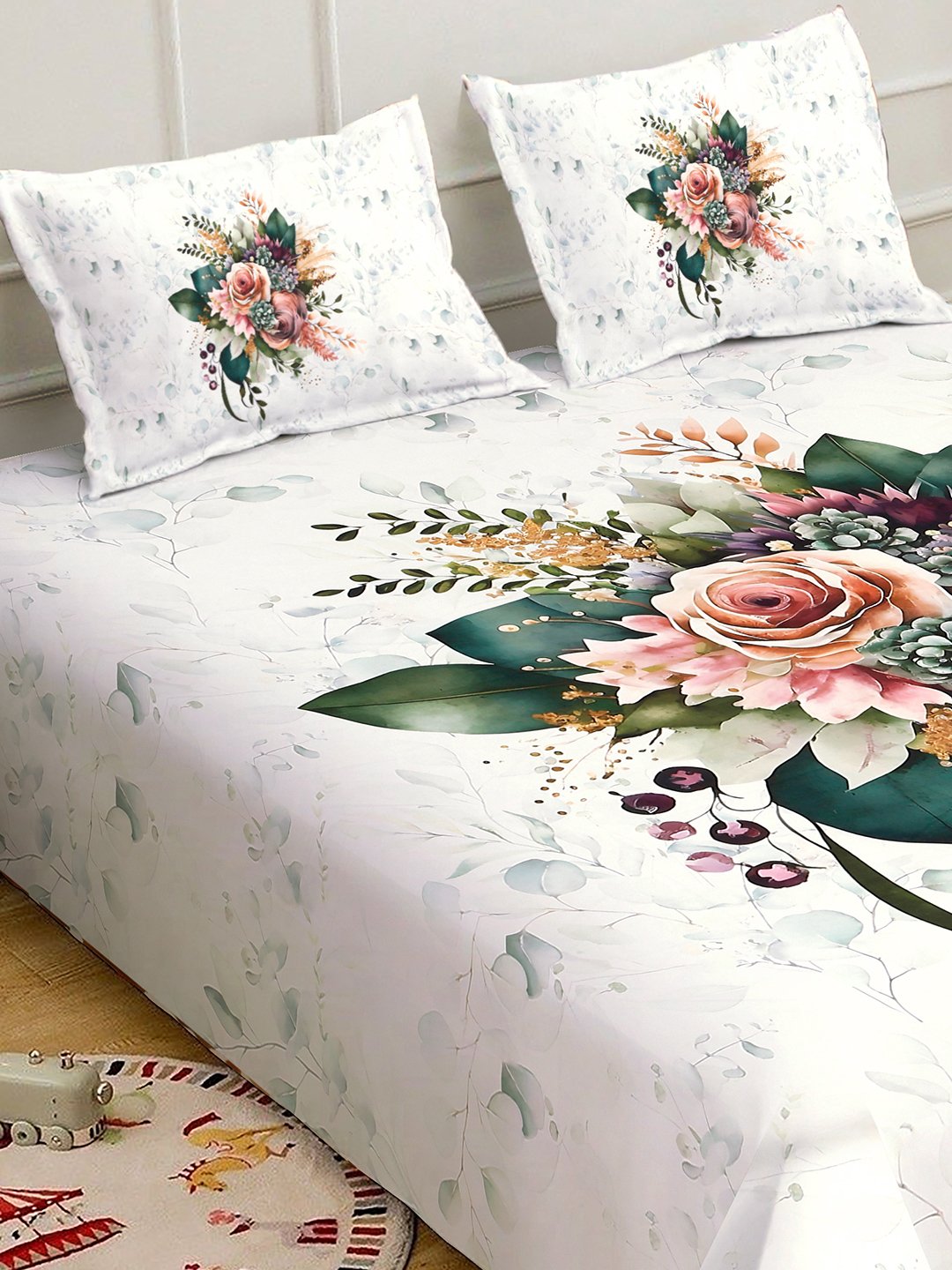 Cream 7D Floral Printed Fitted Cotton Blend Double Bedsheet with 2 Pillow Covers