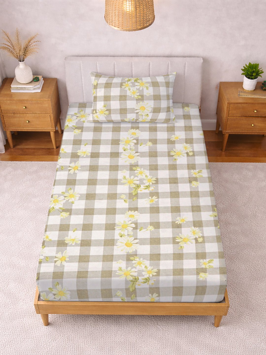 Beige Floral Cotton Blend Single Bedsheet with Pillow Cover