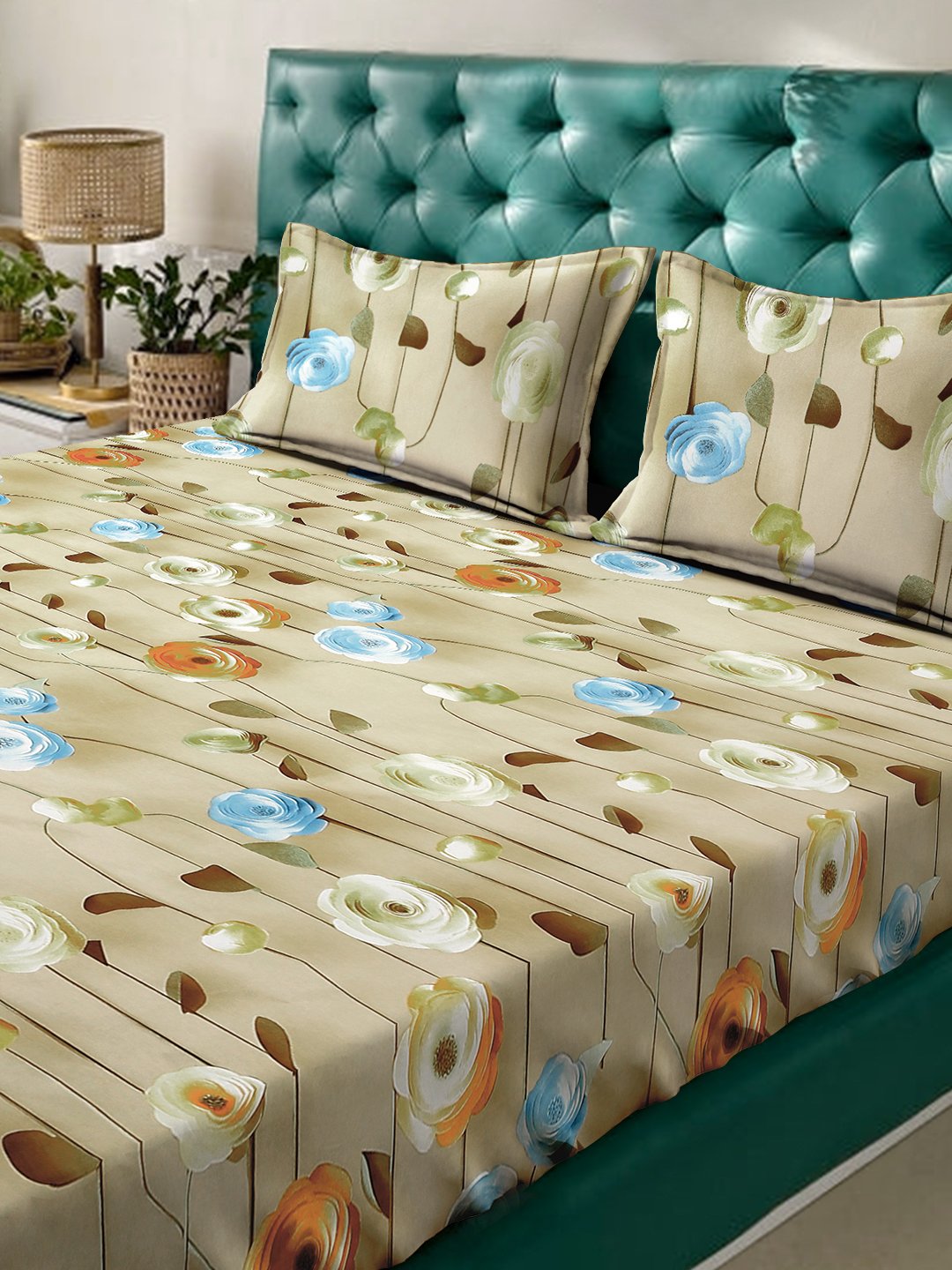 Beige Floral 7D King Size Cotton Blend Fitted Double Bedsheet with 2 Pillow Covers