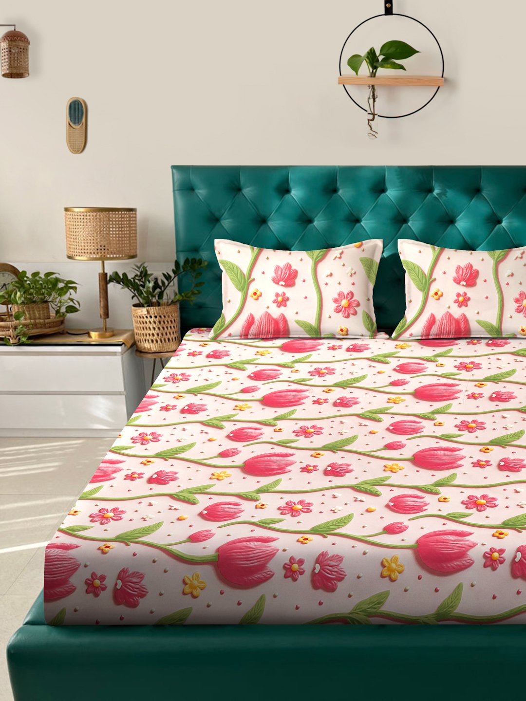 Beige Floral 7D King Size Cotton Blend Double Bedsheet with 2 Pillow Covers