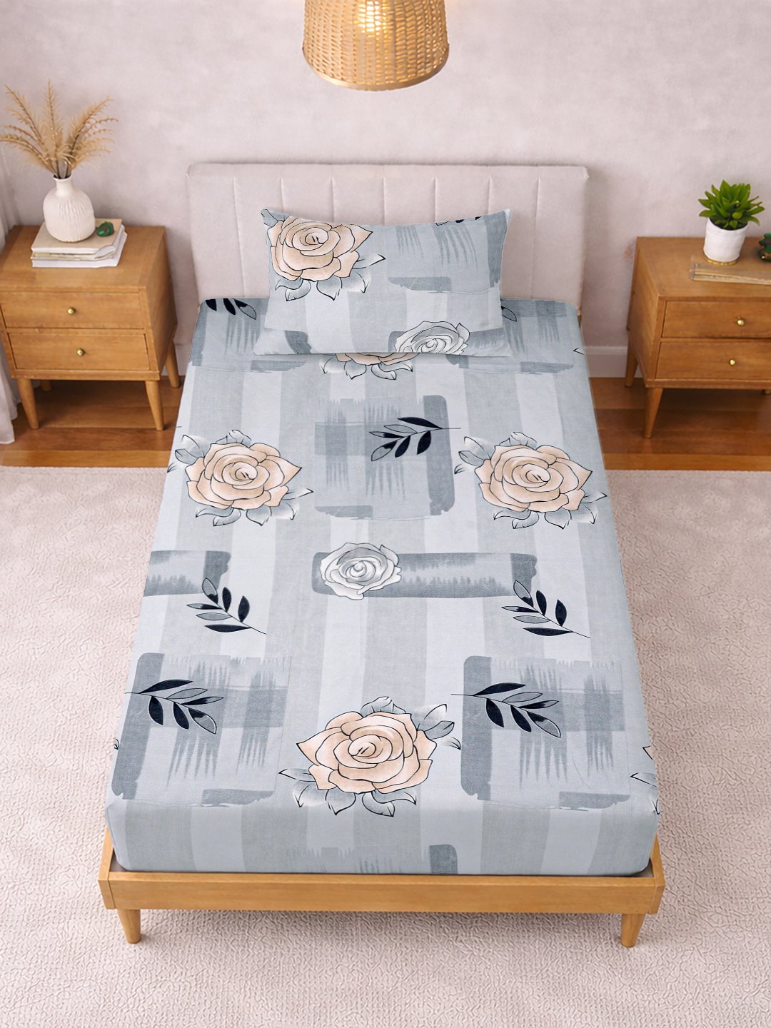 Grey Floral Cotton Blend Single Bedsheet with Pillow Cover