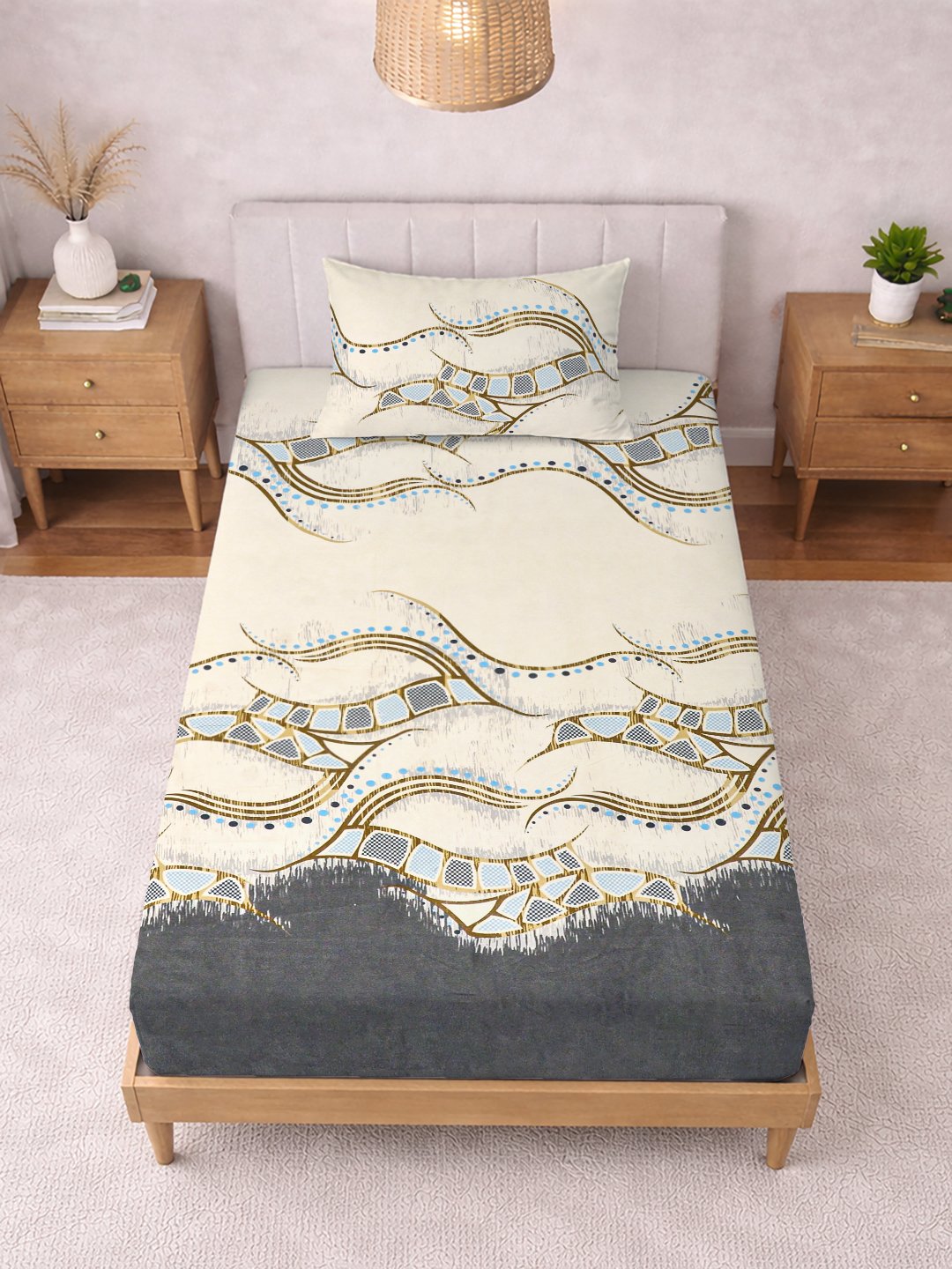 Cream Abstract Cotton Blend Single Bedsheet with Pillow Cover