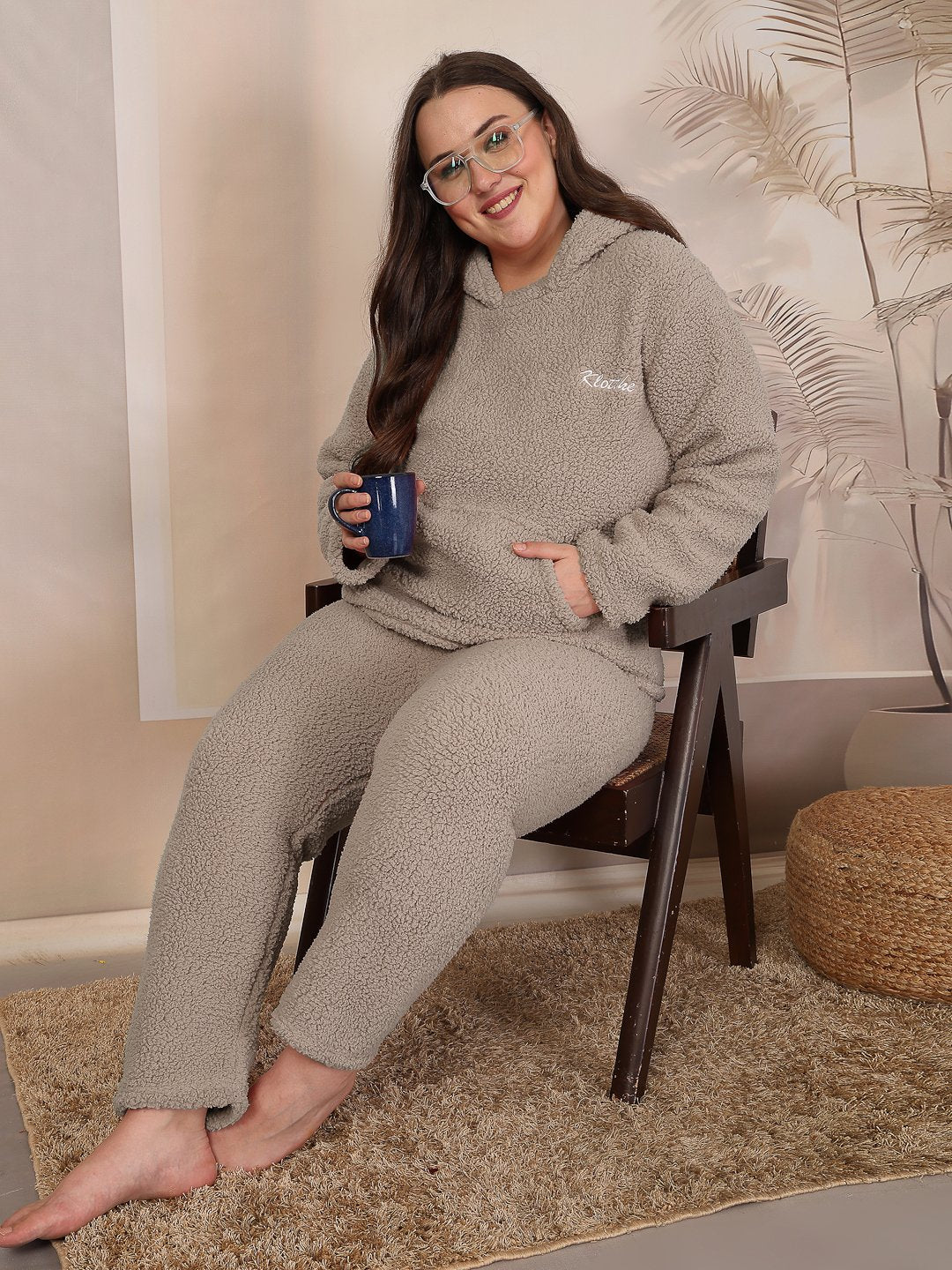 Women Beige Solid Sherpa Heavy Winter Hooded Pluz Size Woolen Night Suit