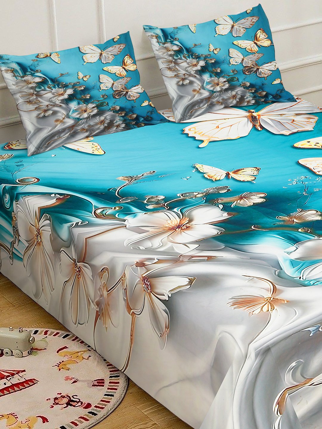 Blue 7D Floral Printed Fitted Cotton Blend Double Bedsheet with 2 Pillow Covers