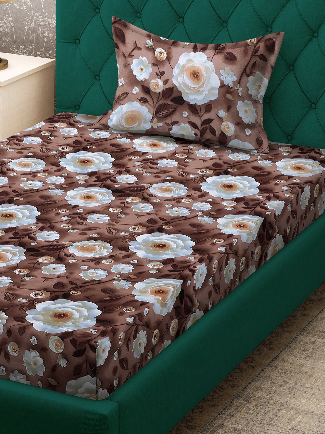 Brown Floral 7D Cotton Blend Single Bedsheet with Pillow Cover