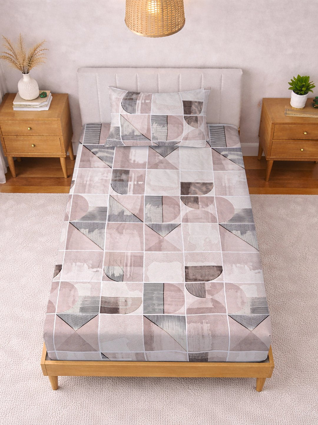 Multi Geometric Cotton Blend Fitted Single Bedsheet with Pillow Cover