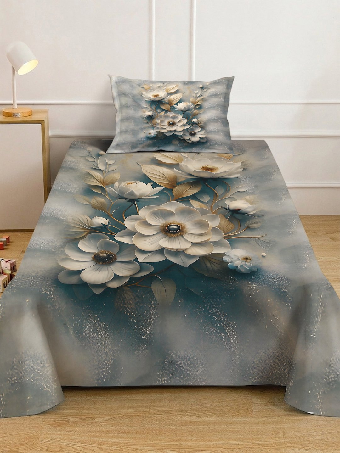 Multi Digital Floral Printed Cotton Blend Fitted Single Bedsheet with Pillow Cover