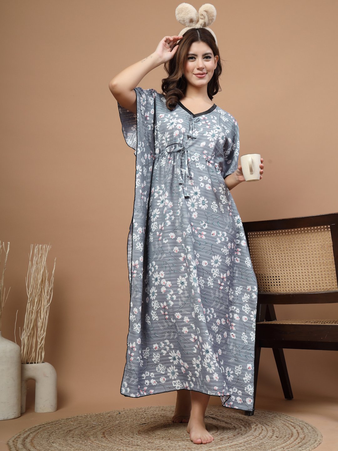 Grey Floral Cotton Blend Kaftan Maxi Nightdress