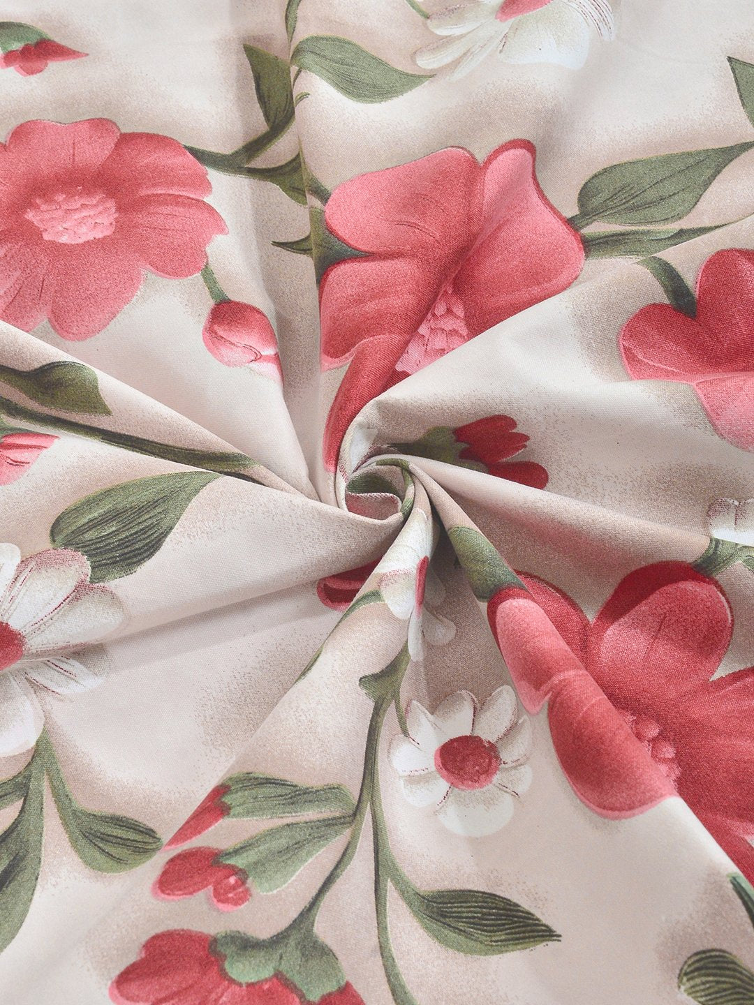 Cream Floral 7D King Size Cotton Blend Fitted Double Bedsheet with 2 Pillow Covers