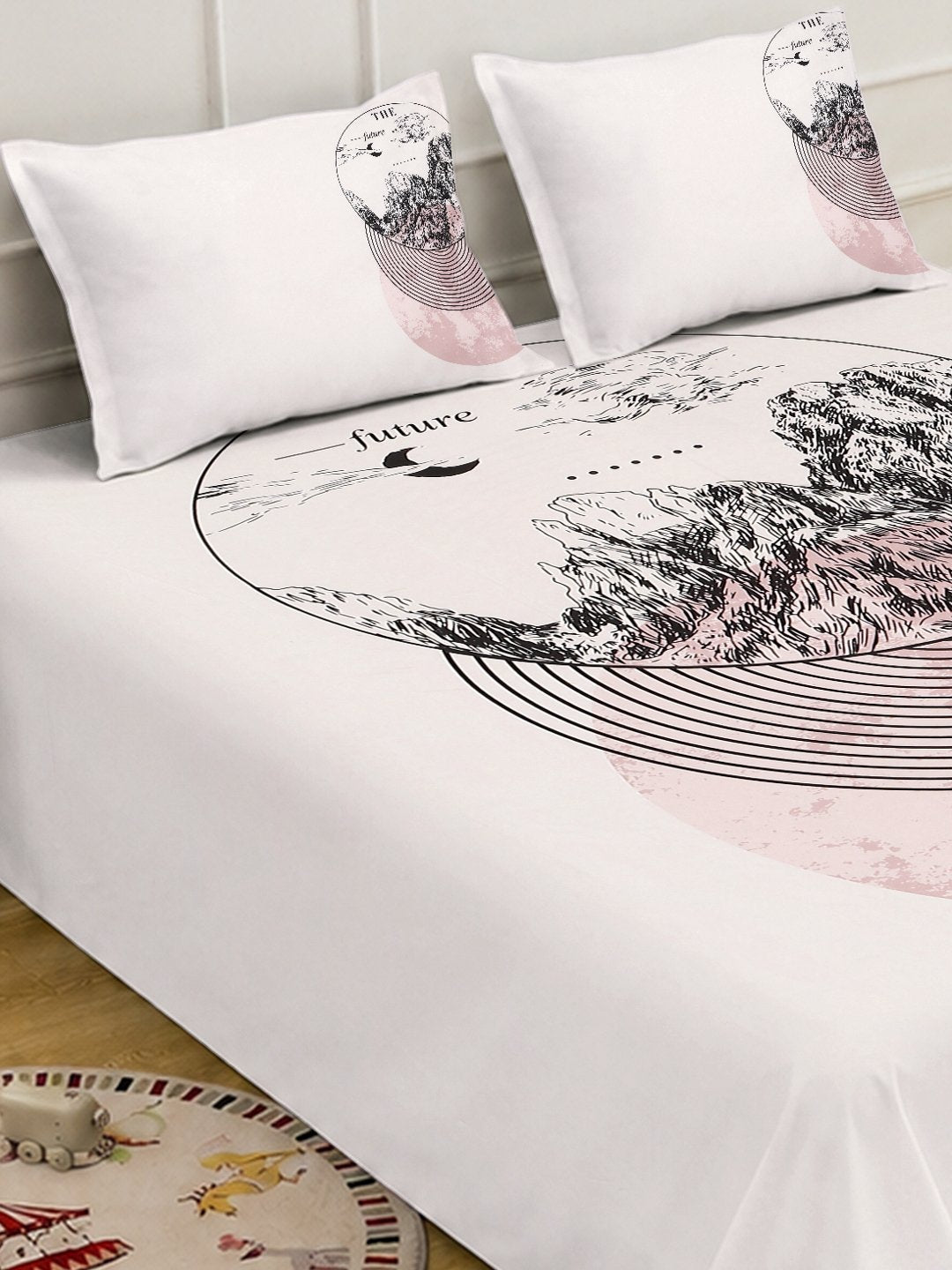 Digital Cream Geometric Cotton Blend Double Bedsheet with 2 Pillow Covers