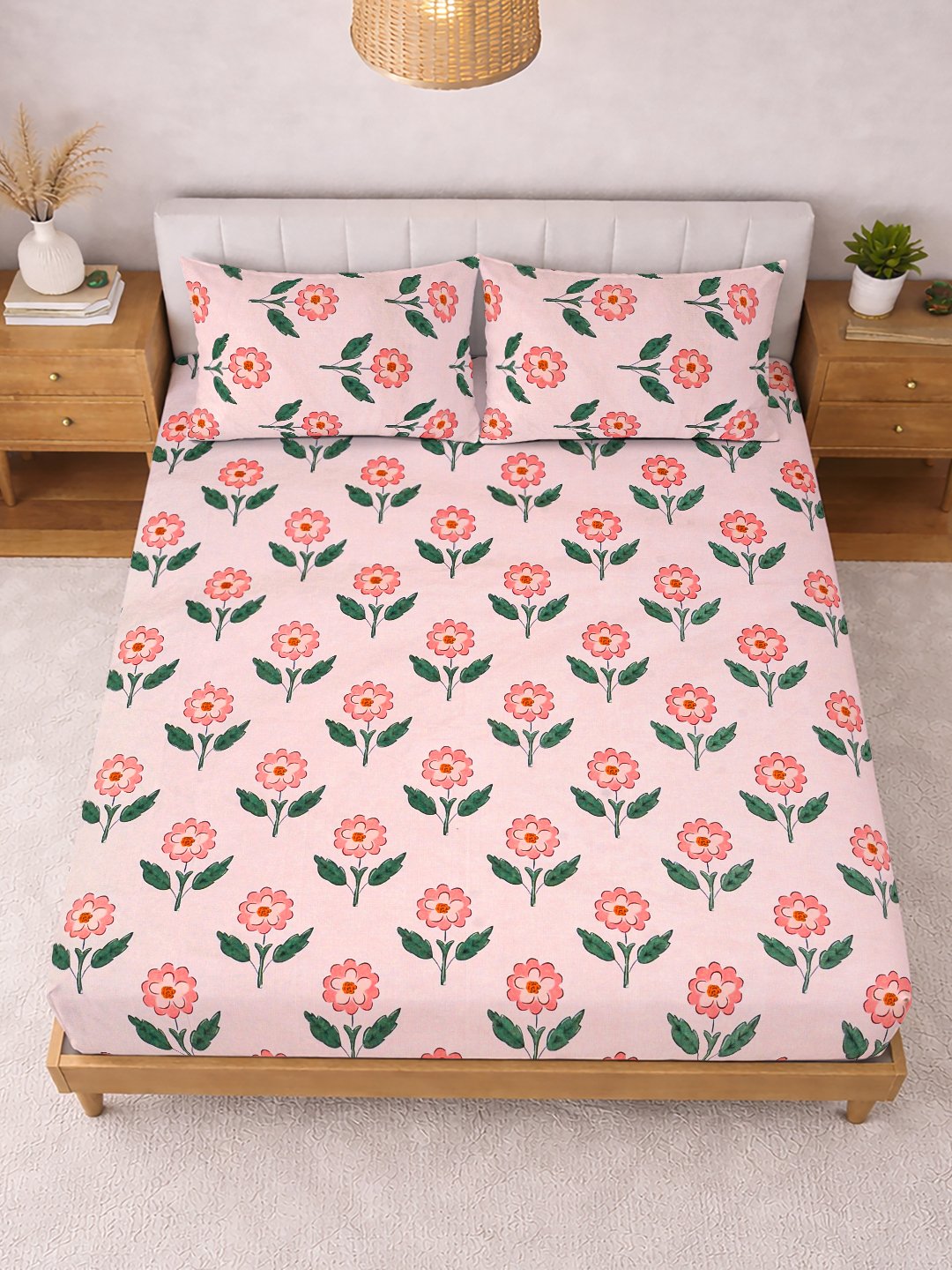 Pink Floral Cotton Blend Double Bedsheet with 2 Pillow Covers