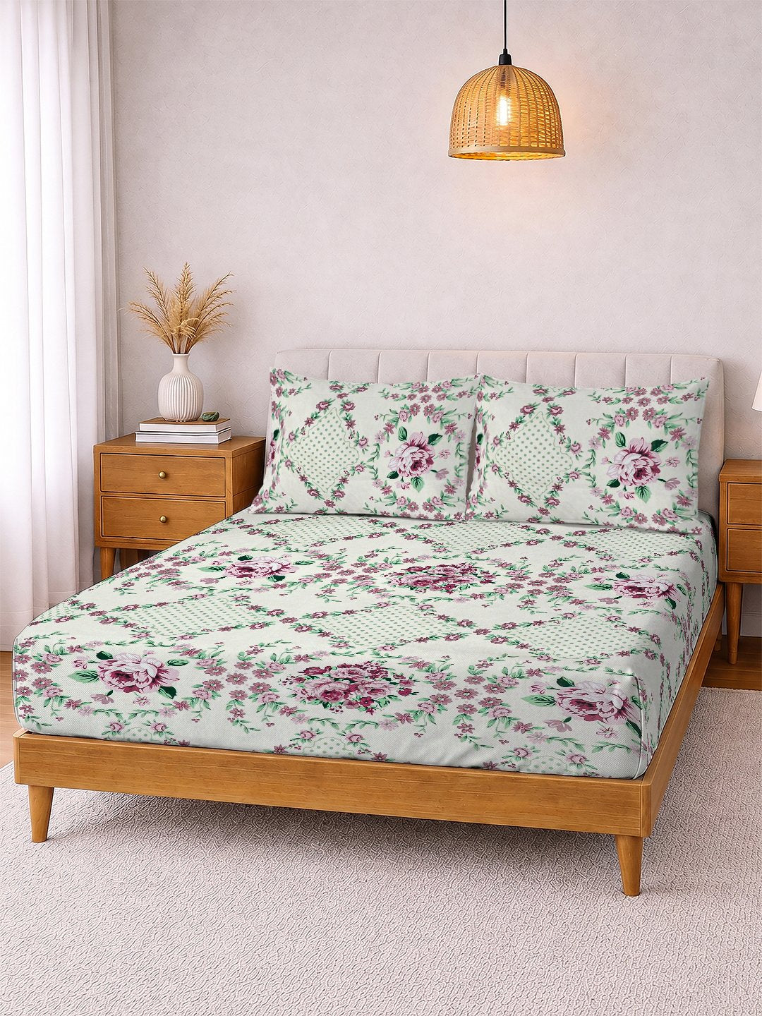 Cream Floral Cotton Blend Double Bedsheet with 2 Pillow Covers
