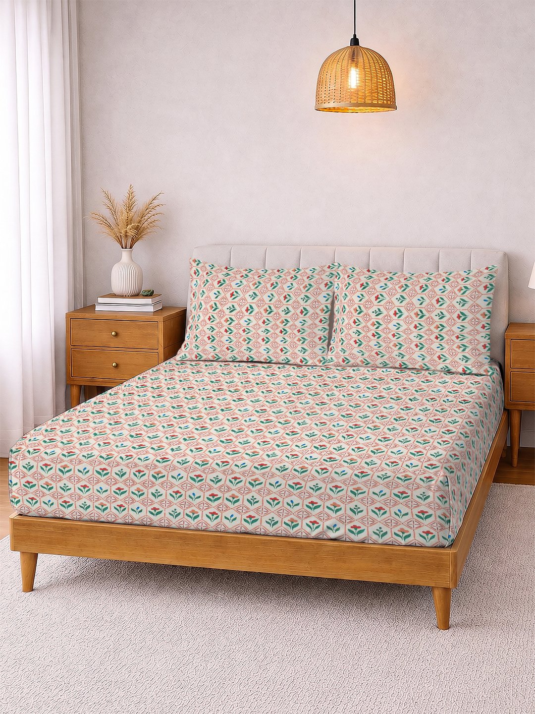 Cream Floral Cotton Blend Double Bedsheet with 2 Pillow Covers