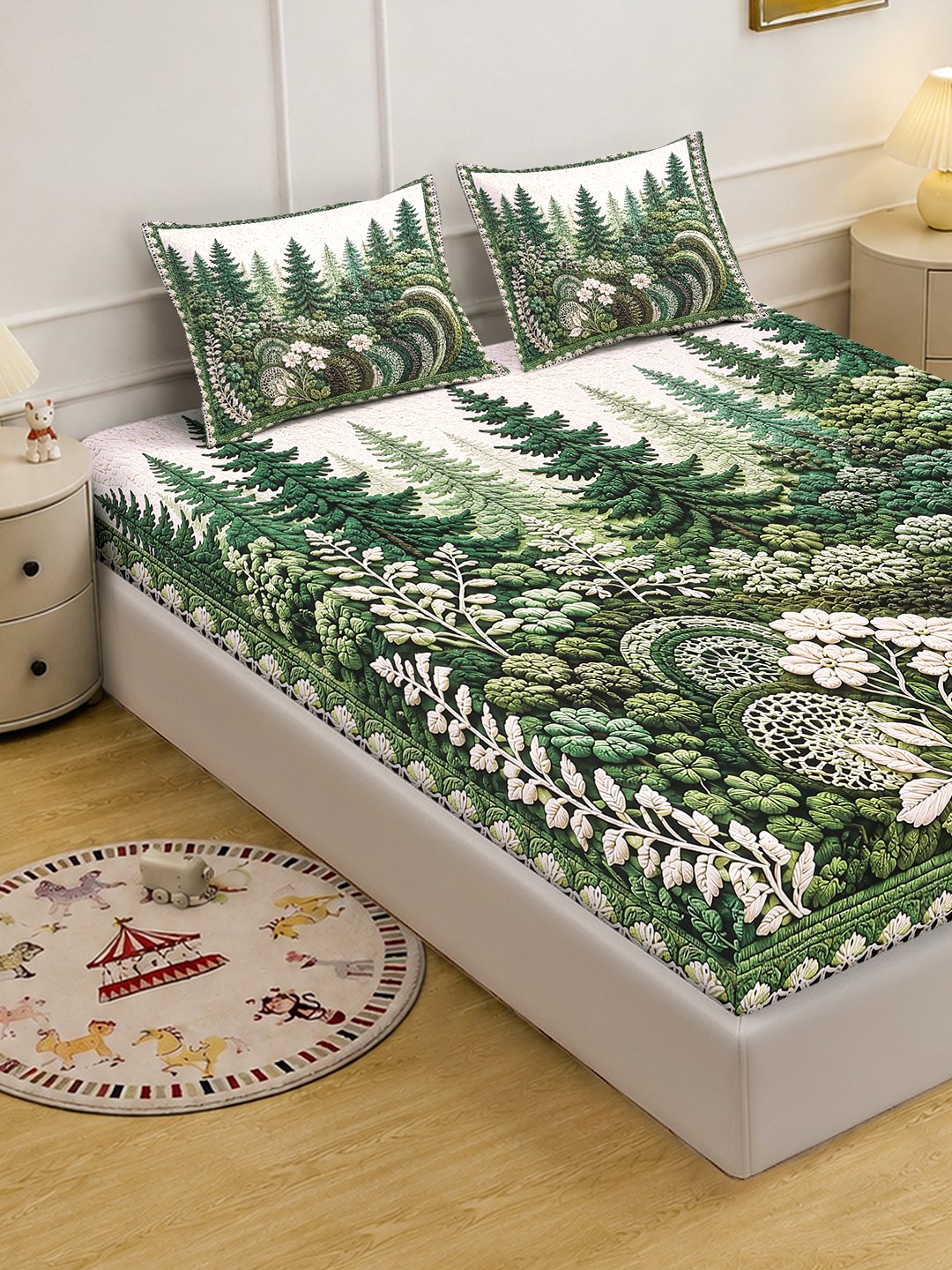 Digital Printed Green Floral Cotton Blend Double Bedsheet with 2 Pillow Covers