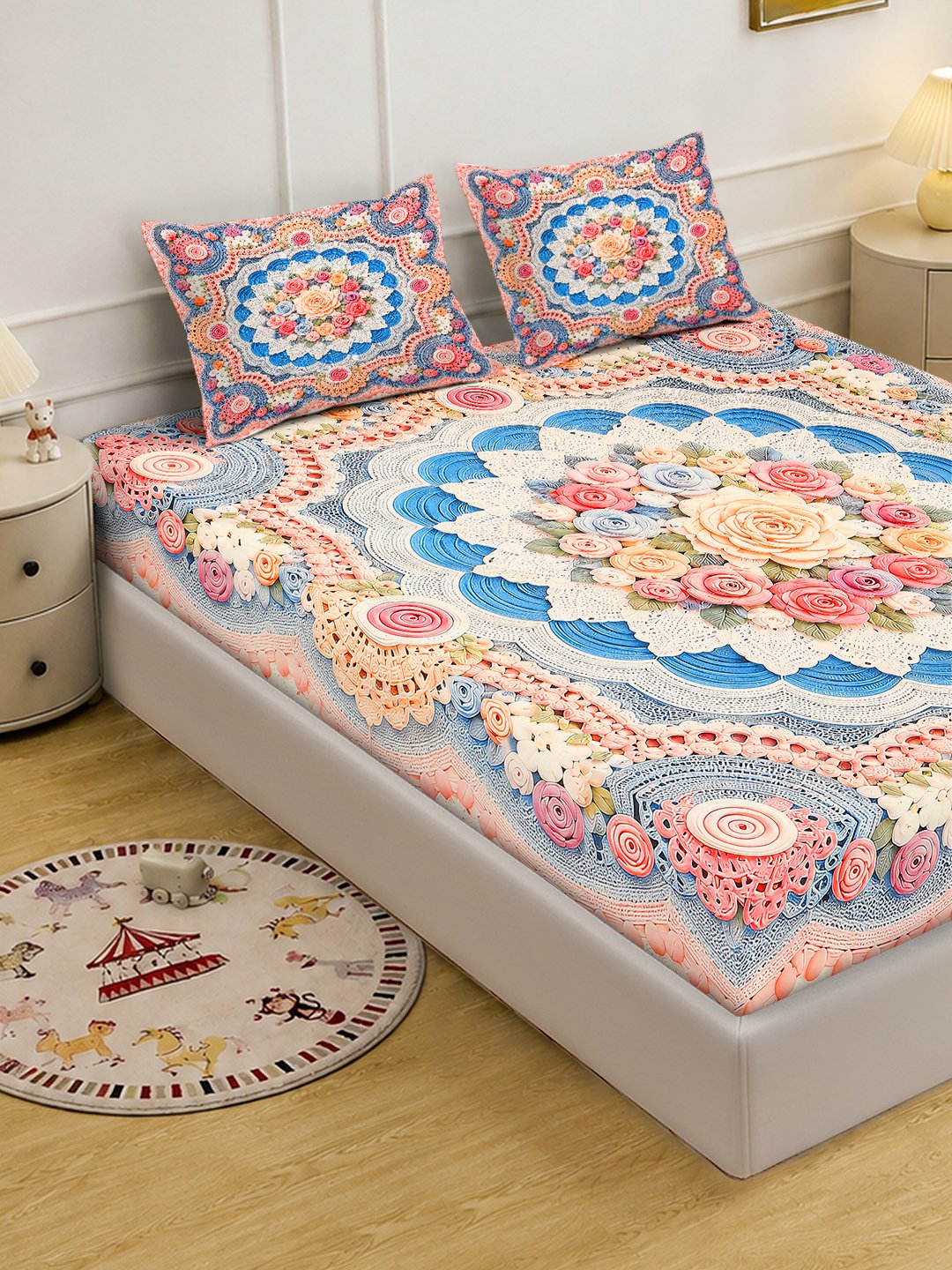 Digital Printed Multi Floral Cotton Blend Double Bedsheet with 2 Pillow Covers