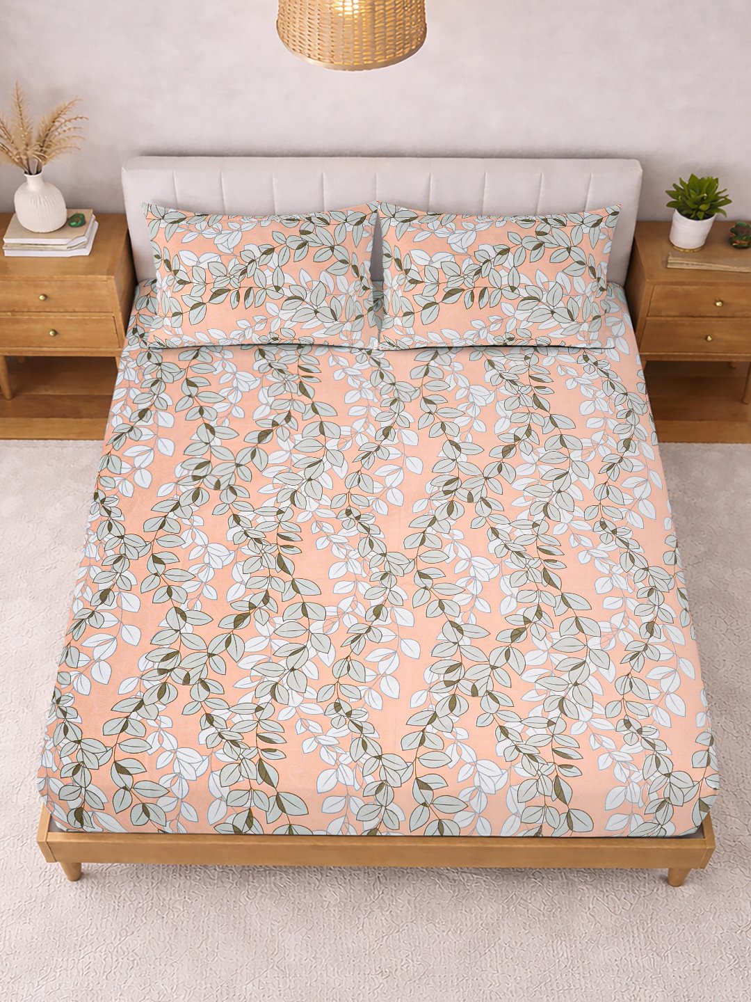 Orange Floral Cotton Blend Fitted Double Bedsheet with 2 Pillow Covers