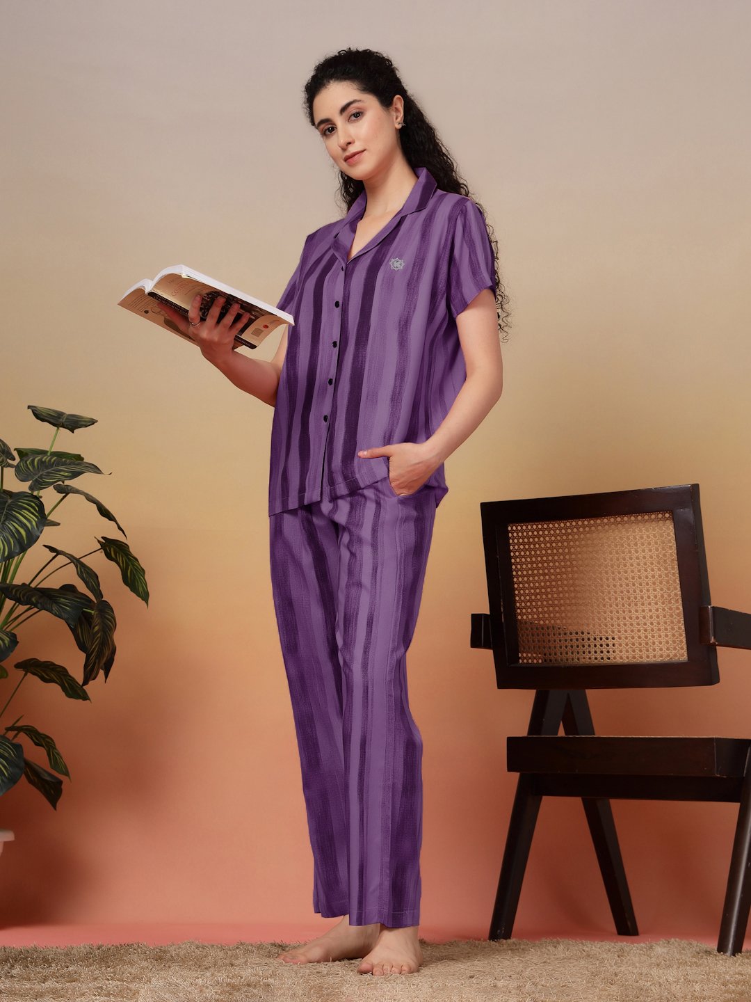 Women Purple Striped Pure Cotton Night Suit