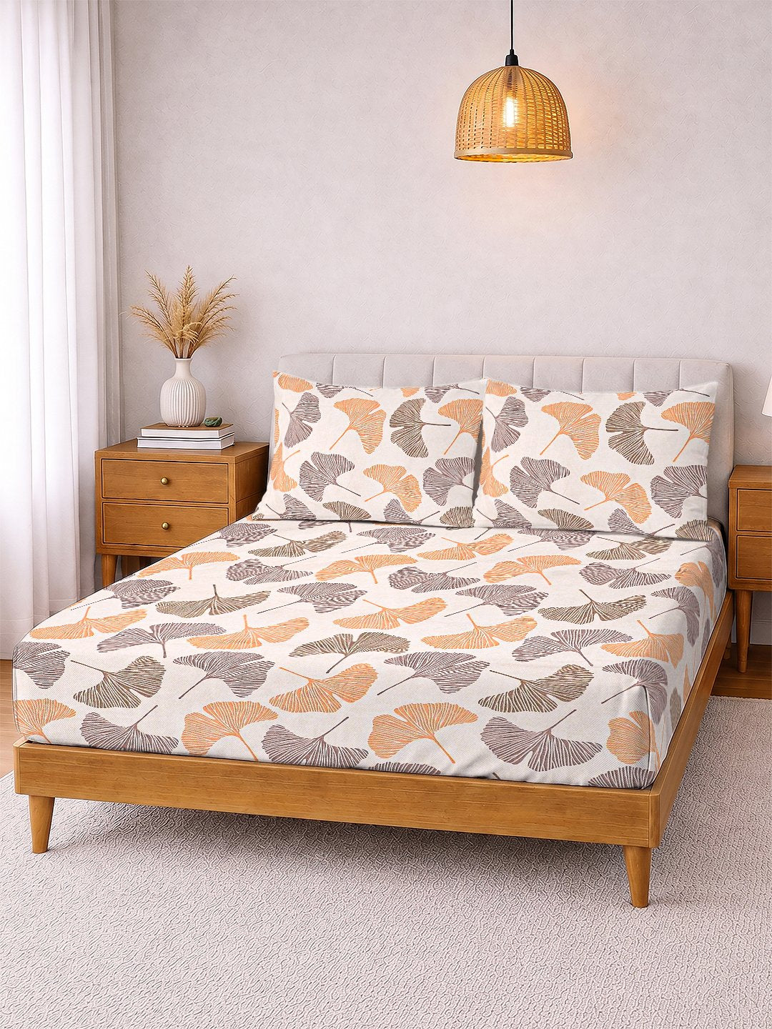 Beige Floral Cotton Blend Double Bedsheet with 2 Pillow Covers