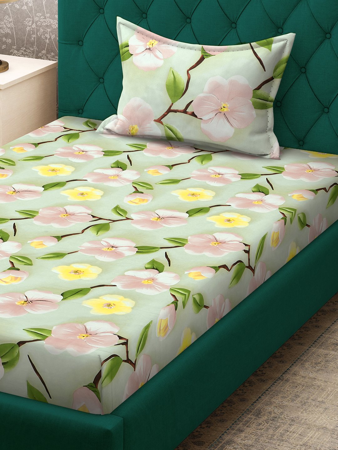 Green Floral 7D Cotton Blend Fitted Single Bedsheet with Pillow Cover
