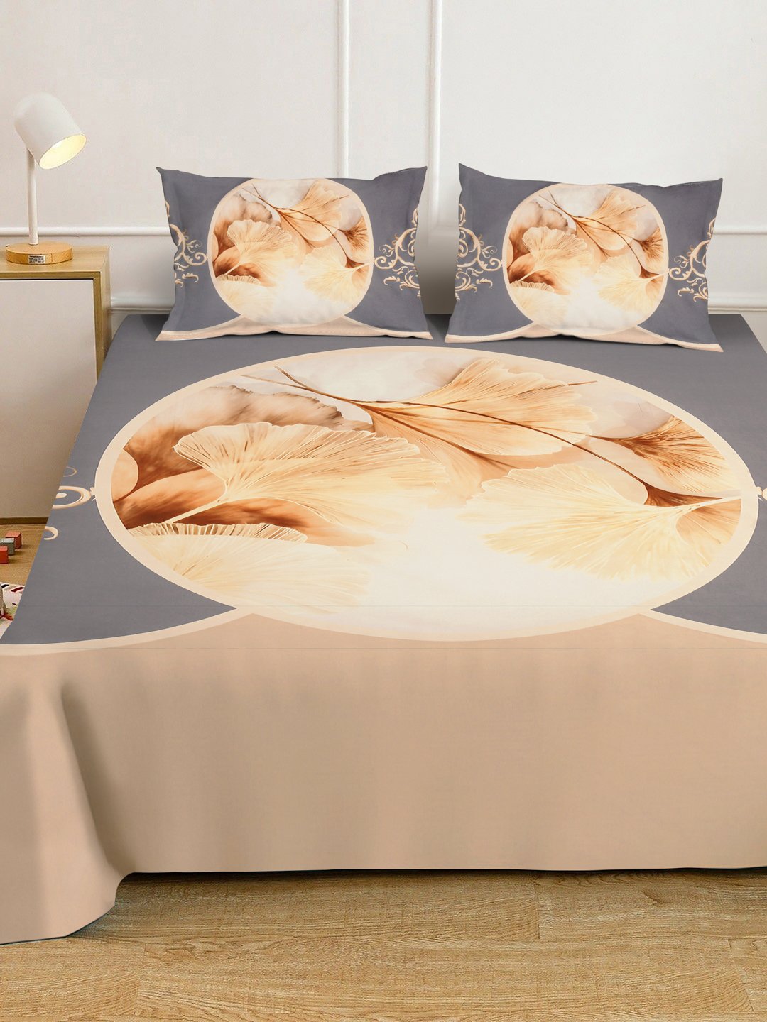 Grey Digital Floral Printed Cotton Blend Fitted Double Bedsheet with 2 Pillow Covers