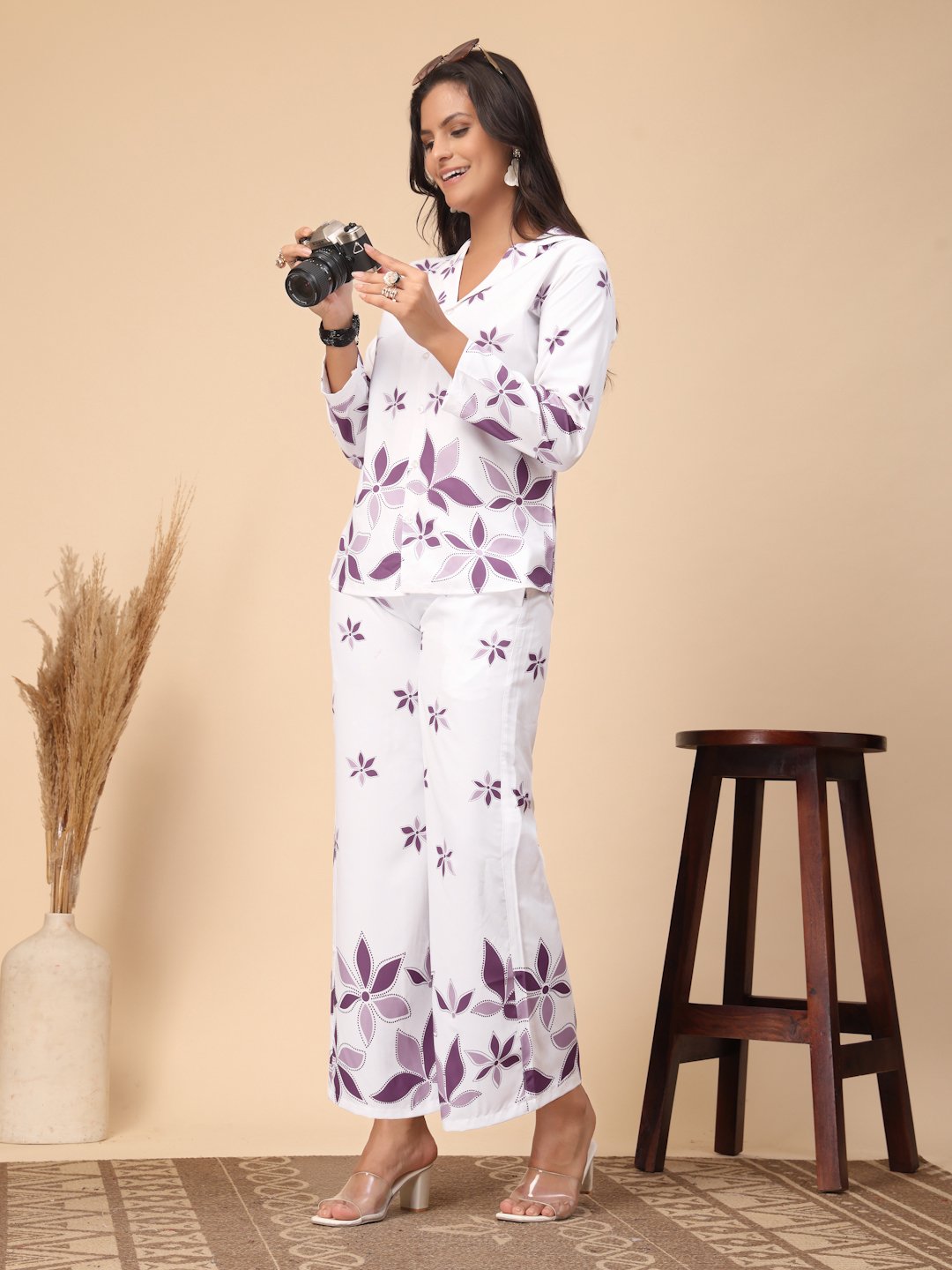 White Cotton Printed Shirt With Trousers Co-Ords Set