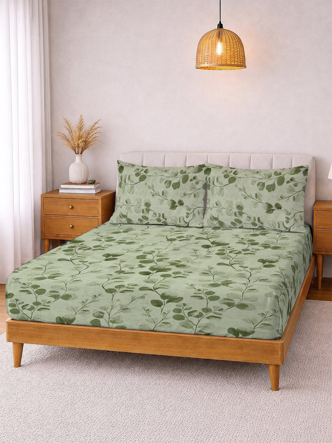 Green Floral Cotton Blend Double Bedsheet with 2 Pillow Covers