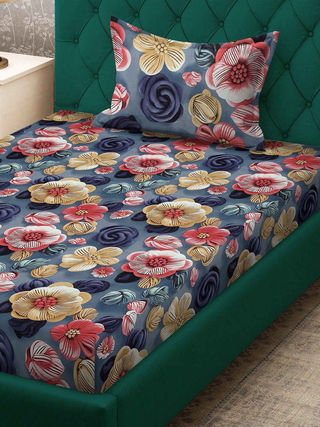 Blue Floral 7D Cotton Blend Fitted Single Bedsheet with Pillow Cover