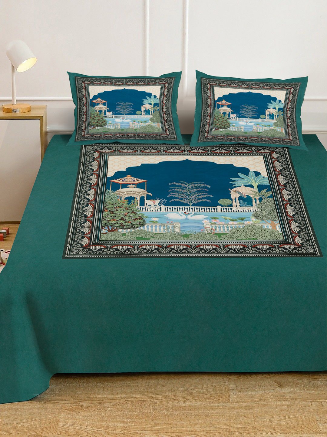 Green Digital Ethnic Motifs Printed Cotton Blend Double Bedsheet with 2 Pillow Covers