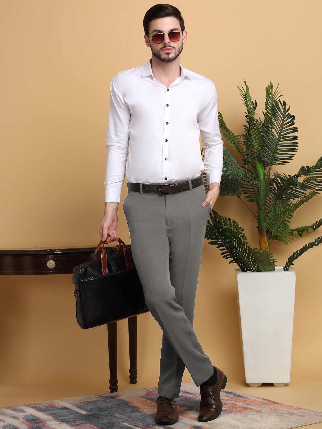 Grey Lycra Cotton Elastic Solid Slim Fit Formal Trouser