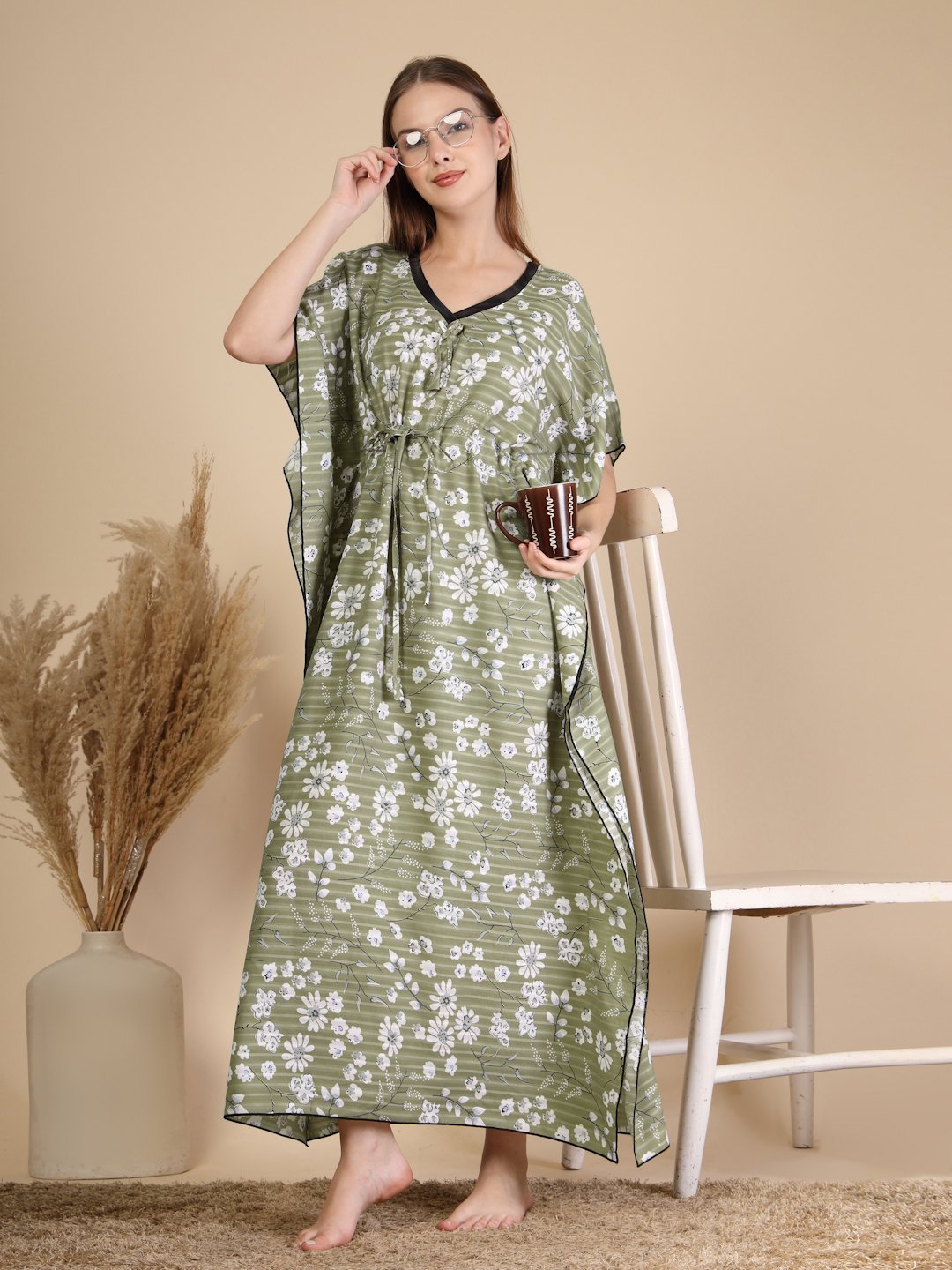 Olive Floral Cotton Blend Kaftan Maxi Nightdress