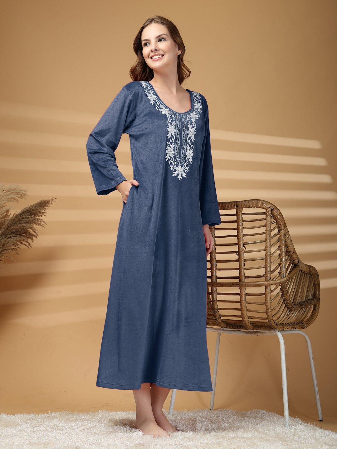 Klotthe Blue Solid Soft touch Velvet Maxi Nightdress