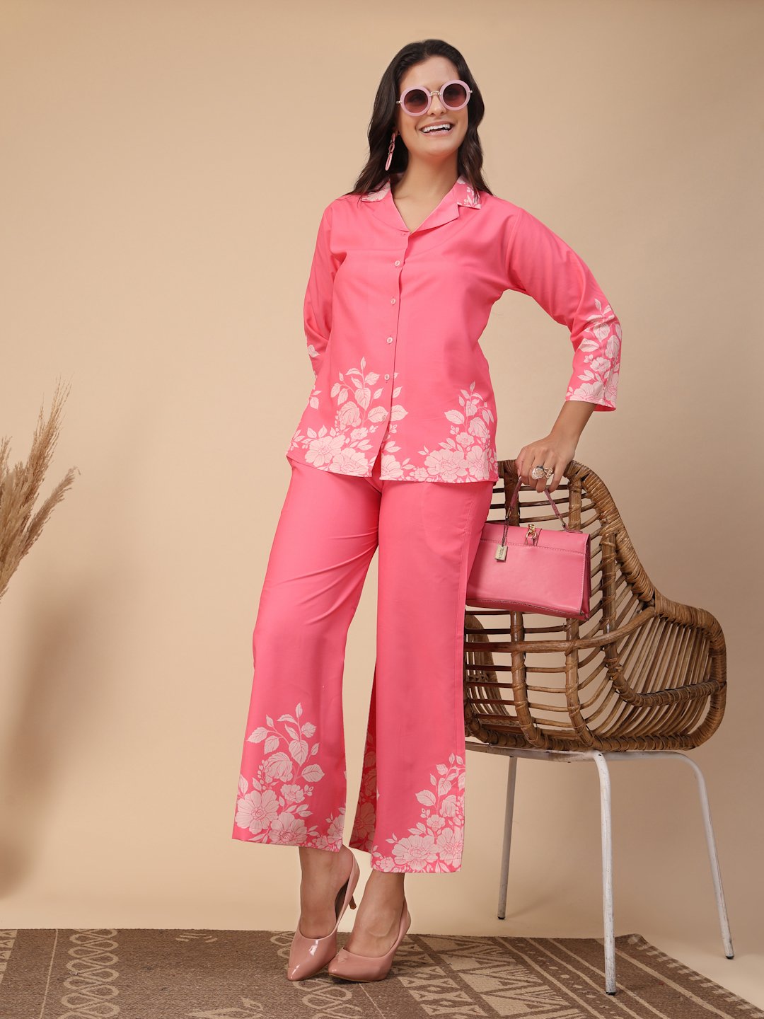 Pink Cotton Printed Shirt With Trousers Co-Ords Set
